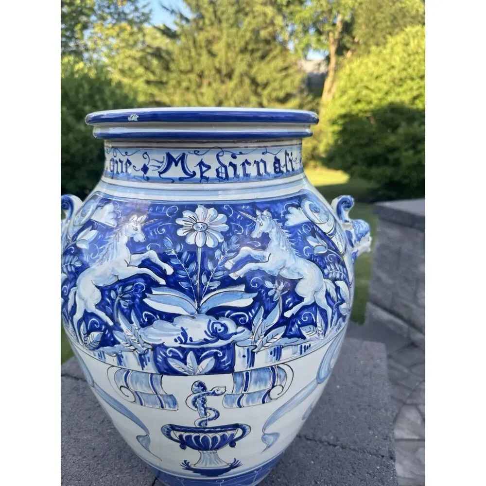 VTG Italian Majolica Blue & White Apothecary Jar Urn Unicorn Medicinali 18.5”